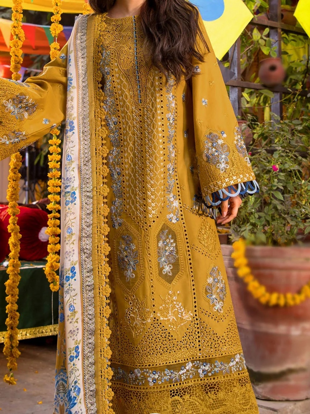 Mustard Embroidered Long Sleeve Dress